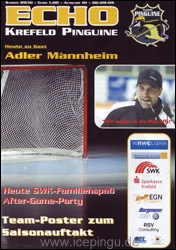 Das erste Echo der neuen Saison. Die Aufschrift: Wir wollen die Play-Offs. Auszug aus dem Vorwort von Wolfgang Schäfer: Ein besonderer Dank gilt auch den Gesellschaftern und dem Aufsichtsrat der KEV Pinguine Eishockey GmbH. Hier gibt es nicht nur eine vorbildliche Zusammenarbeit, die Verantwortlichen praktizieren auch im wahrsten Sinne des Wortes Verantwortung. 