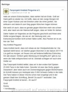 Eine Motivationswette:<br>Das Fanprojekt Krefeld wettet, dass wir in den ersten fünf Spielen 25.000 Fans in die Halle holen. Darunter ist zwar das Derby gegen Düsseldorf, aber eben auch ein Donnerstagsspiel gegen Bremerhaven. Im Schnitt müssen pro Heimspiel also 5.000 Schwarz-Gelbe in die Halle. Die Fans haben in dieser Woche schon mal vorgelegt und in der ganzen Stadt den Schriftzug "Bereit! Du auch?" verbreitet. Das Fanprojekt Krefeld ist bereit - ihr auch?