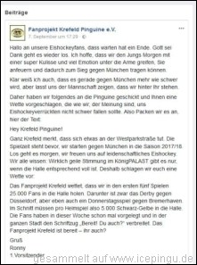 Eine Motivationswette:<br>Das Fanprojekt Krefeld wettet, dass wir in den ersten fünf Spielen 25.000 Fans in die Halle holen. Darunter ist zwar das Derby gegen Düsseldorf, aber eben auch ein Donnerstagsspiel gegen Bremerhaven. Im Schnitt müssen pro Heimspiel also 5.000 Schwarz-Gelbe in die Halle. Die Fans haben in dieser Woche schon mal vorgelegt und in der ganzen Stadt den Schriftzug "Bereit! Du auch?" verbreitet. Das Fanprojekt Krefeld ist bereit - ihr auch?