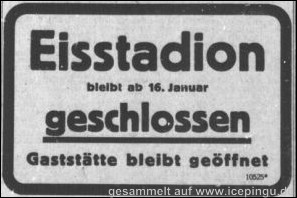 Da Verhandlungen zwischen Stadion- und Stadtverwaltung nicht zu einem annehmbaren Ergebnis für beide Seiten führen, entscheidet sich die Stadionverwaltung, das Stadion ab Montag, den 16.01.1939 zu schliessen. 
Laut späterer Erklärung teilt die Eisstadionverwaltung mit, das die Stadtverwaltung keine Schuld an der Schliessung des Stadions hat. Durch das Entgegenkommen der Stadtverwaltung können alle Schwierigkeiten behoben werden. Durch die Übernahme des Eisstadions in die Kühl- und Lagerhausgesellschaft wird eine Grundlage für die Stadt geschaffen, die Weiterführung des Betriebes zu fördern. 
Wieder eröffnet wird am Sonntag, den 12.02.1939. 