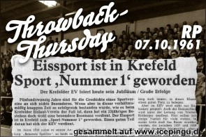 25 Jahre KEV mit Eishockey-Abteilung, Kunstlauf-Abteilung und Eisstanz-Abteilung - 423 aktive Mitglieder, davon 169 Senioren und 254 Jugendliche.<br>
RP vom 07.10.1961, Rückblick in der Saison 2021/22.