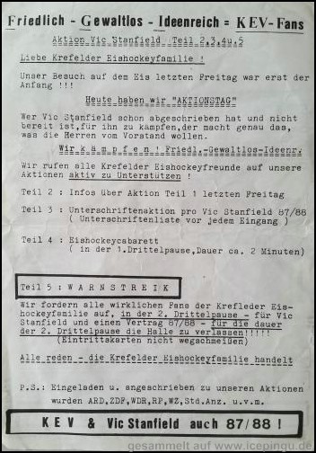 Vic Stanfield muß bleiben!<br>Friedlich - Gewaltlos - Ideenreich = KEV-Fans. Alle reden, die Krefelder Eishockeyfamilie handelt.