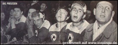 Der erste Sturm auf der Auswechselbank: Eishockeywart Overath, Lille Lulle Johansson, Herbert Ulrich, Rudi Weide, Georg Kowarik und Herbert Schibukat.