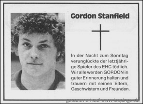 Gordon Stanfield verunglückt tödlich. Aus dem vom EdN gesammelten Geld wird ein Pokal gestiftet ( nachdem die Familie das Geld zurück geschickt hat ), die Gordon-Stanfield Trophy für den Spieler, der die grössten Fortschritte gemacht hat. The most improved player. 